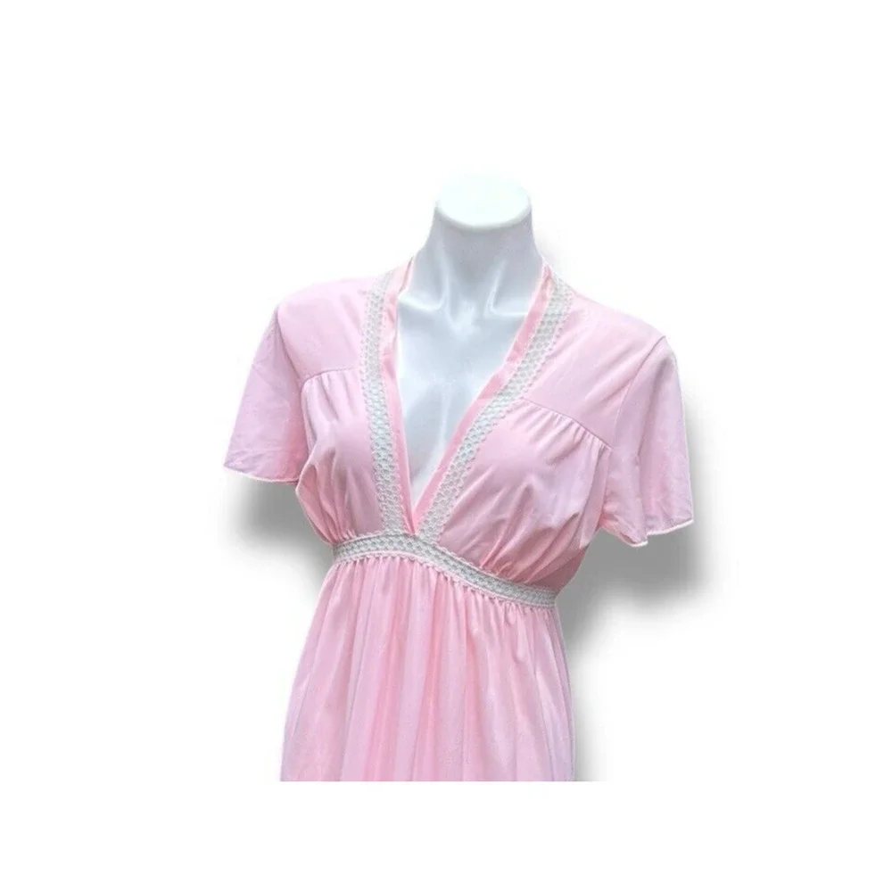 Vintage Rutledge Nightgown Pink Deep V Maxi Coquette Flutter Sleeves Womens Sz L - Picture 5 of 13